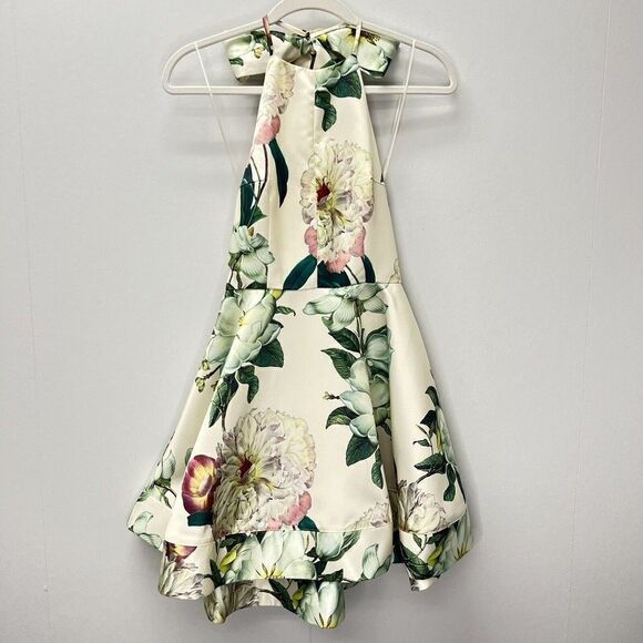 Lulus Hydrangea Haven Cream Floral Halter Tie Neck Skater Dress Mini Size XS - Picture 3 of 14